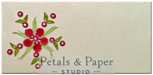 Handcrafted 7 x 3.5-inch pearl-textured envelope with quilled red flowers, green leaves, red circular accents, and gem details, perfect for gifting money or cards for weddings and festive occasions.