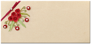 Handcrafted cream quilling card with red roses, green leaves, and a maroon ribbon design for elegant greetings. Perfect for special occasions.