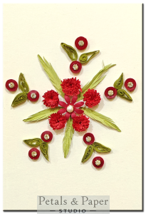 Handcrafted floral quilling greeting card with red and green design – Elegant 5 x 3-inch handmade card for gifting and special occasions