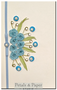 Handmade blue floral quilling greeting card with roses and rhinestones – Elegant 5 x 3-inch card for gifting and special occasions
