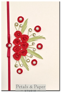 Handmade red quilled floral greeting card with roses, rhinestones, and ribbon – Elegant 5 x 3-inch card for gifting and special occasions