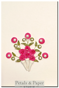 Handmade pink quilled bouquet greeting card with roses, pearl embellishments, and rhinestones – Elegant 5 x 3-inch card for gifting and special occasions