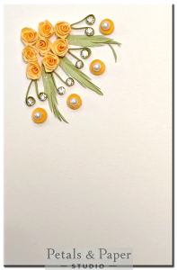 Handmade yellow quilled floral greeting card with roses, pearls, and rhinestones – Elegant 5 x 3-inch card for special occasions and heartfelt messages