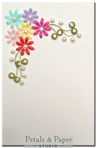 Handmade floral greeting card with multicolor flowers, pearls, and quilled vine design – 5x3 inch blank card for birthdays, anniversaries, thank-you notes, and special occasions.