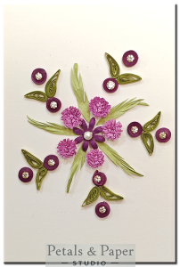 Handmade floral greeting card with intricate quilled leaves, textured purple flowers, and rhinestone embellishments – 5x3 inch blank card for birthdays, anniversaries, and heartfelt messages.