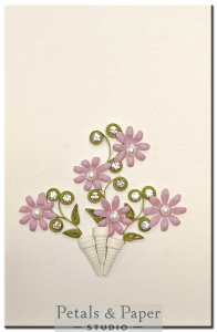 Handmade pink flower bouquet quilled greeting card with rhinestones and pearls – blank card for Mother's Day, birthdays, and special occasions.