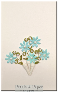 Handmade blue flower bouquet quilled greeting card with pearls and rhinestones – blank card for birthdays, anniversaries, and special celebrations.