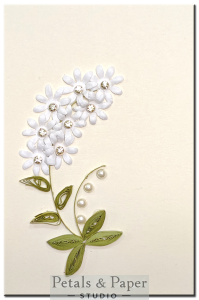 Handmade white flower quilled greeting card with rhinestones and pearls – elegant card for weddings, anniversaries, sympathy, and special messages.
