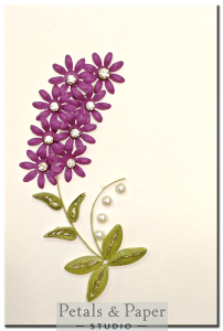 Handmade purple flower quilled greeting card with rhinestones and pearl accents – elegant card for birthdays, anniversaries, and special occasions.