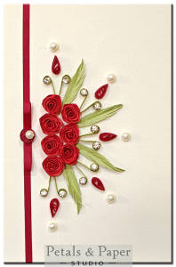 Handmade greeting card with quilled red roses, rhinestones, and pearls – romantic card for anniversary, wedding, or Valentine’s Day.