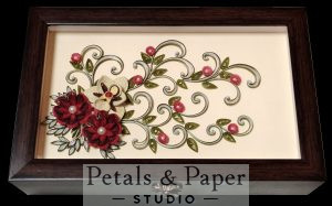 Handcrafted wooden decorative box with burgundy and cream quilled floral design under glass – jewelry and keepsake storage