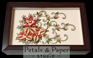 Handcrafted wooden decorative box with red, yellow, and cream quilled floral design under glass – jewelry and keepsake storage