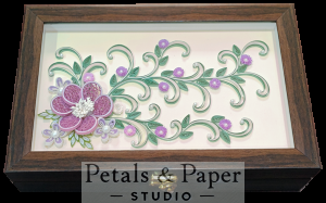 Handcrafted wooden decorative box with lavender and white quilled floral design under glass – jewelry and keepsake storage