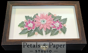 Handcrafted wooden decorative box with blush and magenta quilled floral design under glass – jewelry and keepsake storage