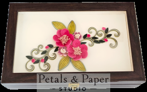 Handcrafted wooden decorative box with pink quilled floral design under glass – jewelry and keepsake storage