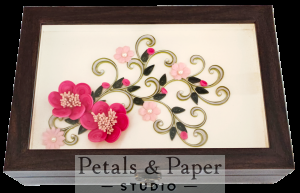 Handcrafted wooden decorative box with pink and pastel pink quilled floral design under glass – jewelry and keepsake storage