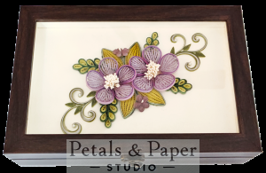 Handcrafted wooden decorative box with lavender quilled floral design under glass – jewelry and keepsake storage