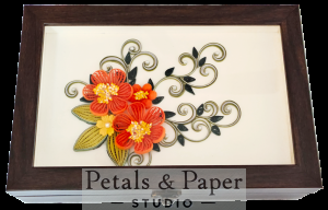 Handcrafted wooden decorative box with orange and yellow quilled floral design under glass – jewelry and keepsake storage