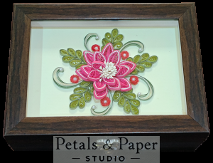 Handcrafted wooden box with pink quilled floral design under glass – jewelry and keepsake storage