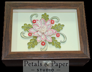 Handcrafted wooden box with white and pink quilled floral design under glass – jewelry and keepsake storage