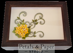 Handcrafted wooden box with yellow and white quilled floral bouquet under glass – jewelry and keepsake storage