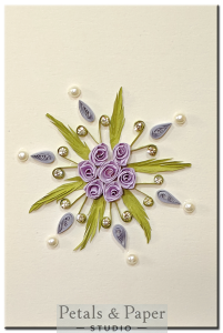 Handmade quilled floral greeting card with lavender paper roses, green leaves, rhinestones, pearls, and teardrop quilling on cream cardstock