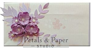 Handcrafted quilled envelope with lavender and lilac paper flowers, botanical leaf accents and pearl embellishments – luxury handmade gift envelope for weddings and special occasions Alternate Alt Text Options (For Marketplaces & Social Platforms):
