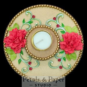 Handmade round tea light plate with red foam roses, quilling design and golden bead border