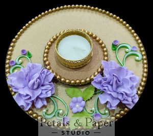 Handcrafted lavender floral tea light plate with gold bead border and decorative candle holder