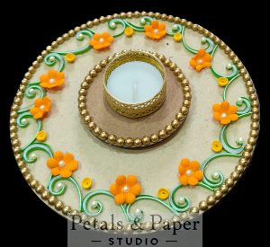 handcrafted tea light plate, orange floral candle holder, decorative diya plate, festive tea light stand