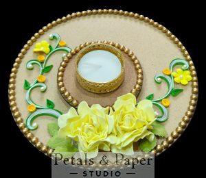 handcrafted tea light plate, yellow floral candle holder, decorative diya plate, festive tea light stand
