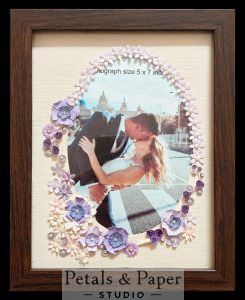 Handmade floral photo frame with 5x7 inch couple photograph, pastel paper flowers and pearl embellishments